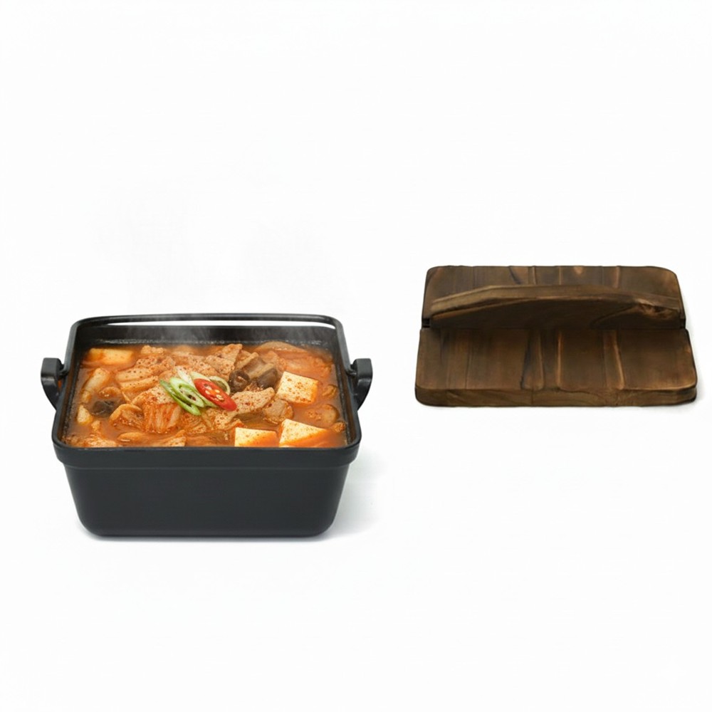 인덕션 무쇠 사각 샤브샤브냄비 나무뚜껑 세트 소