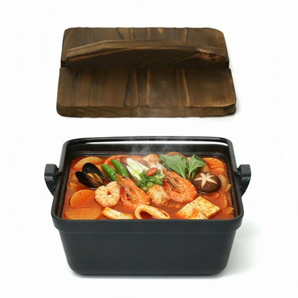 인덕션 무쇠 사각 샤브샤브냄비 나무뚜껑 세트 대